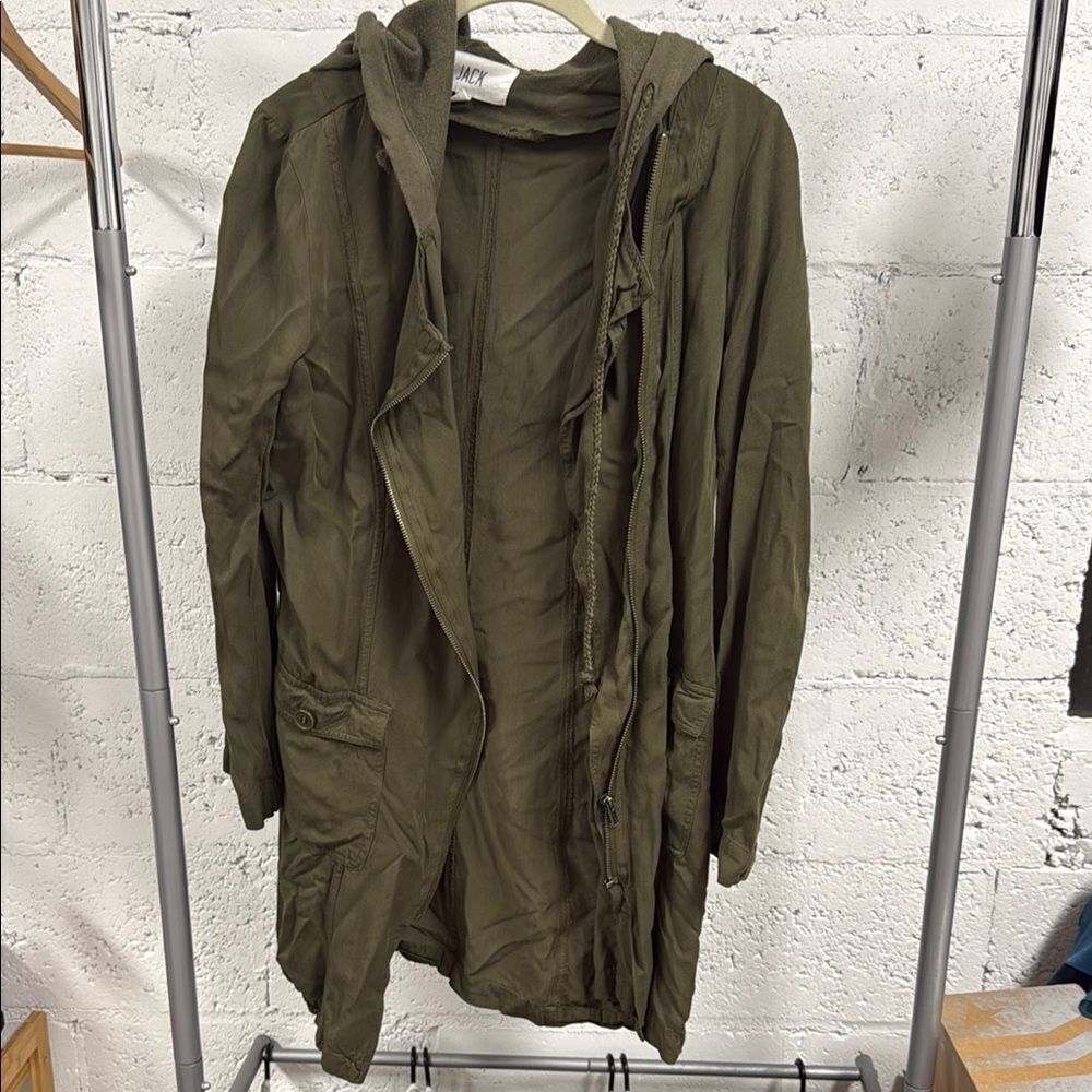 Olive Green Hooded Jacket - JACK - Size Small - Like New - Belt - Long